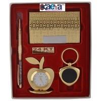 OkaeYa Gold Plated Pen And Visiting Card Holder And Apple Shape Clock And Key Ring